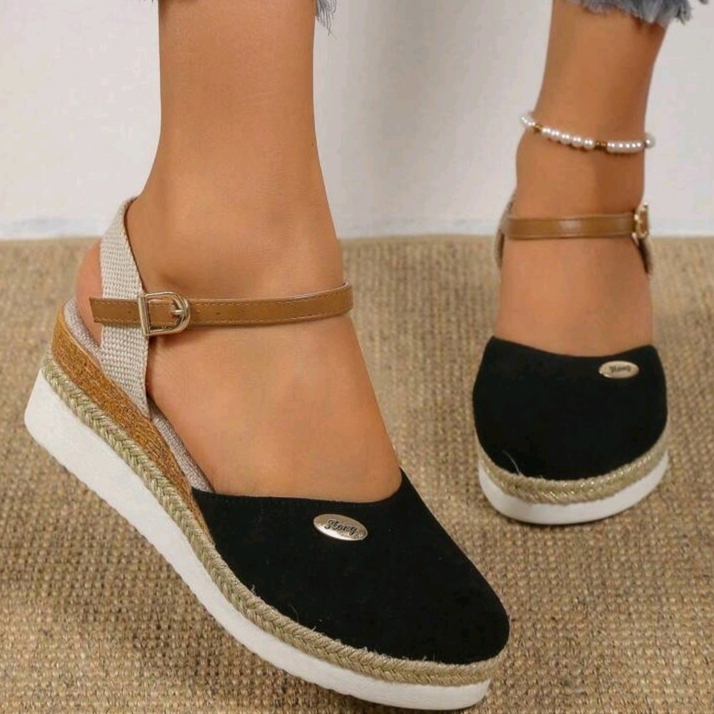 Women's Hollow-out Wedge Heel Sandals With Woven Sole, Black, Elegant Style - Picture 2 of 7